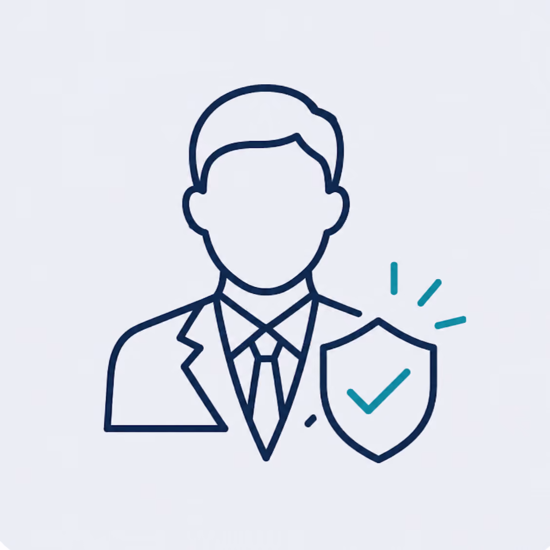 Outline of a person in a suit and tie with a shield featuring a checkmark near the shoulder, symbolizing protection or verified professional.