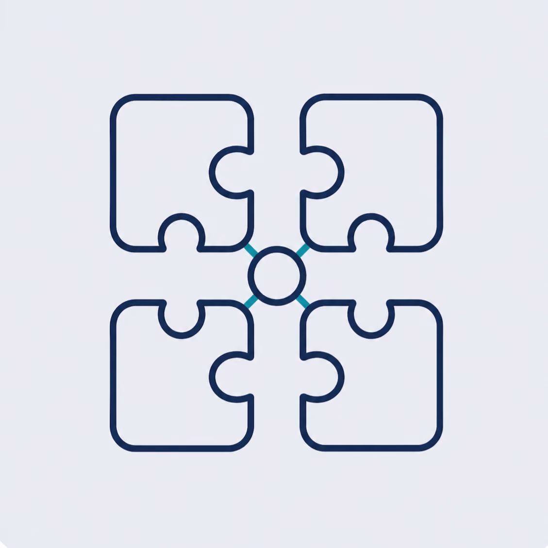Four puzzle pieces arranged in a square pattern with a small circle in the center connecting them.