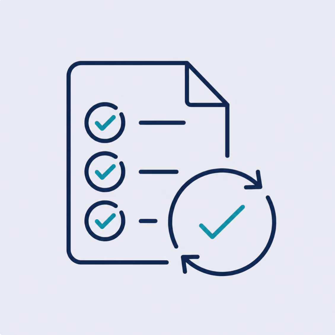 Icon of a checklist with three checked items on a document and a circular arrow with a checkmark, representing a closure cycle or completed process.