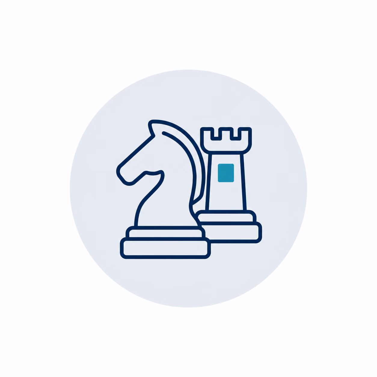 Minimalist icon of a knight and a rook chess piece in front of a light blue circular background.