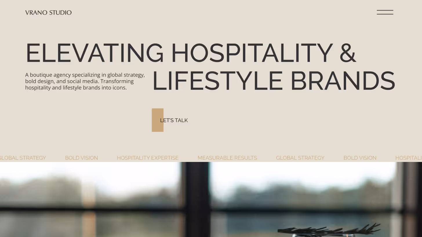 Vrano Studio website hero section with large headline text