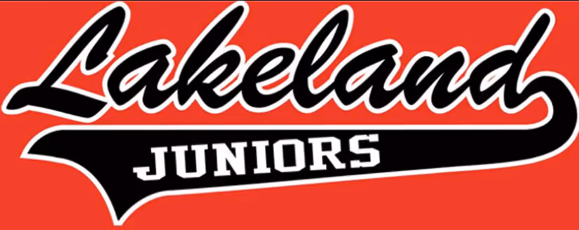Lakeland Juniors logo with black and white text on a red background.