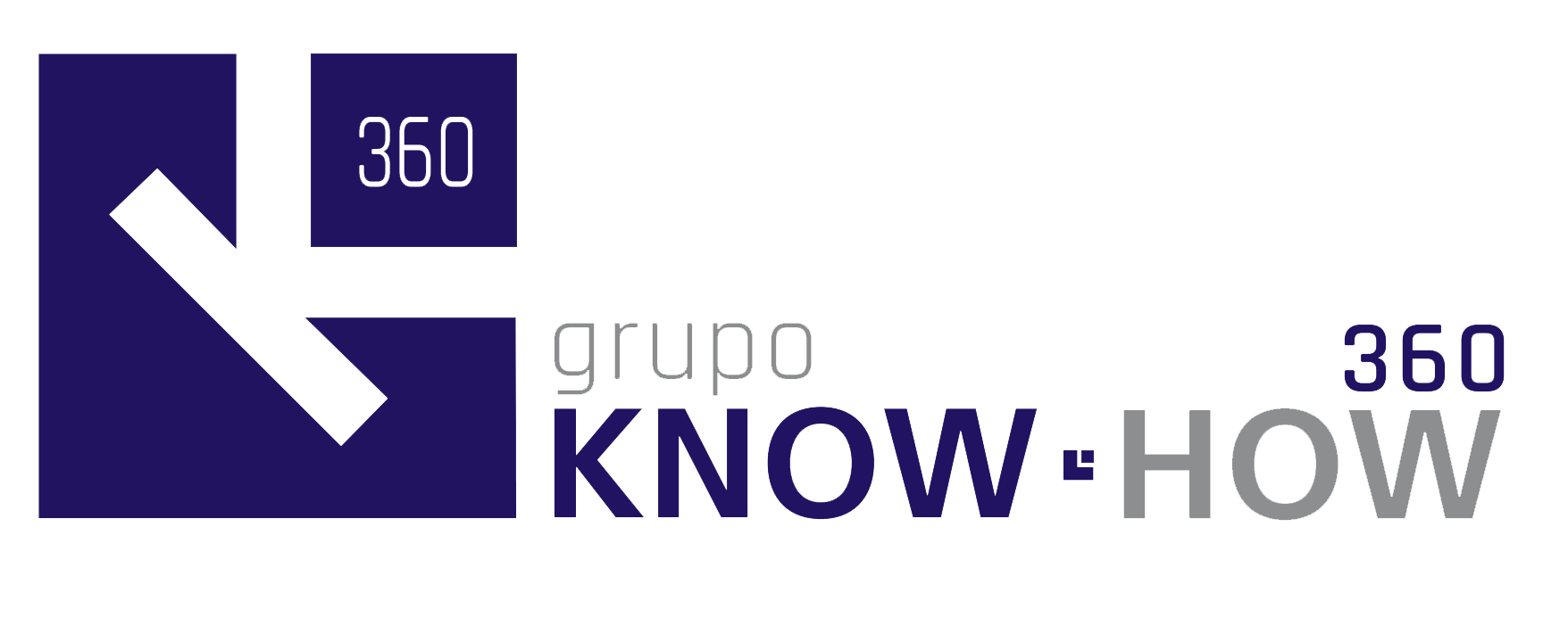 Logotipo do Grupo Know-How 360 com formas geométricas e texto em azul escuro e cinza.