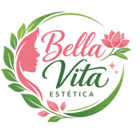 Logotipo circular verde com perfil rosa feminino, texto 'Bella Vita Estética' e flores cor-de-rosa.