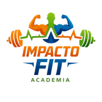 Logotipo colorido da academia Impacto Fit com figura estilizada de corpo musculoso levantando barra com pesos.
