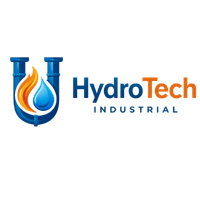 Logo da HydroTech Industrial com dois tubos de ensaio azuis, uma gota d'água azul e uma chama laranja integrados.