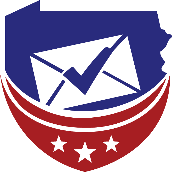 Icon of Pennsylvania state outline with an envelope and checkmark above a red shield with three white stars.