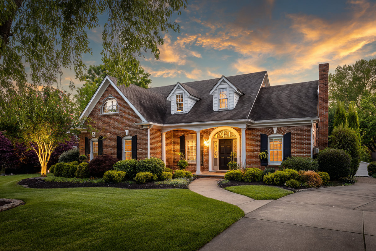 Residential brick house with black shutters, arched front door, manicured lawn, and lit porch at sunset.