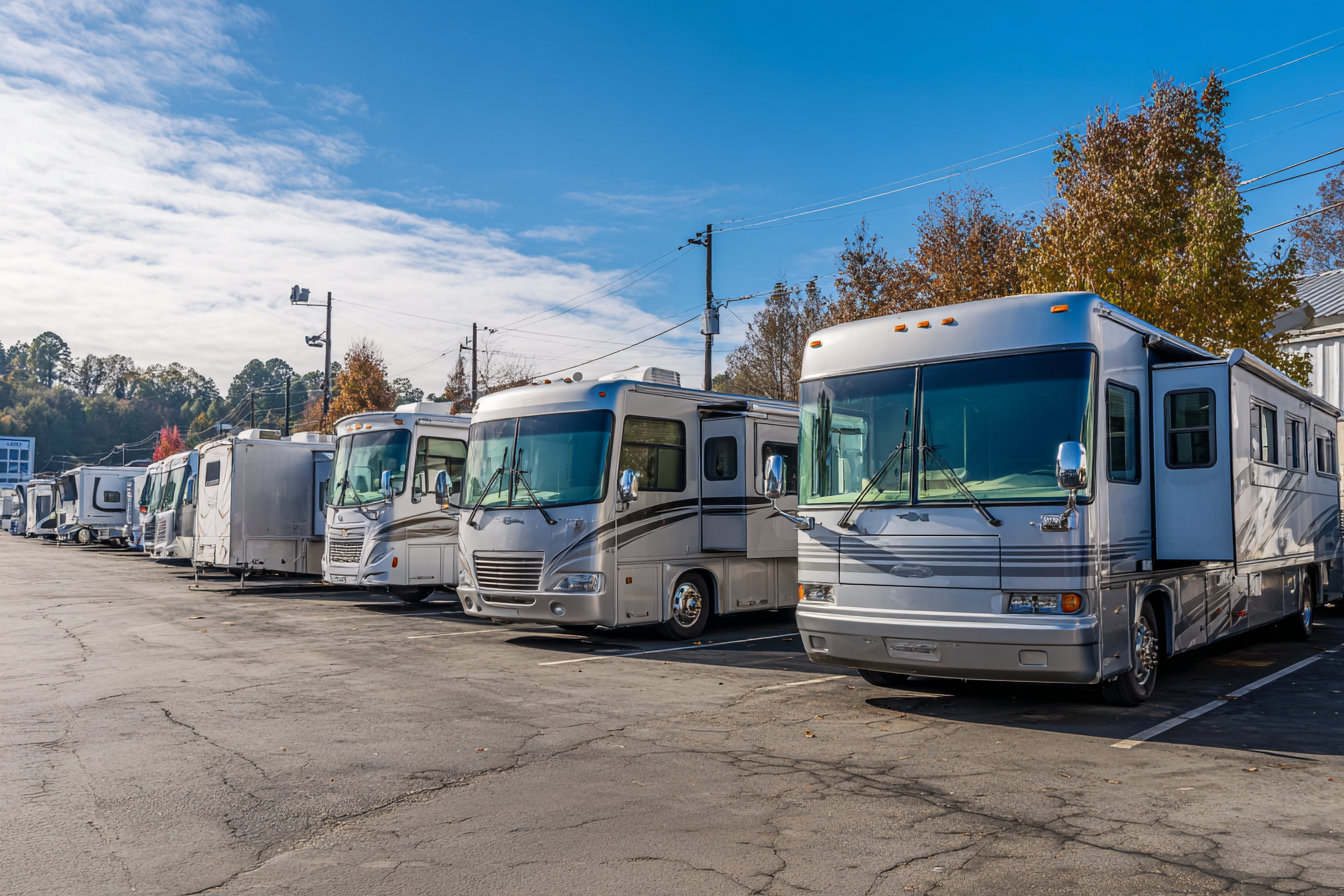 Row of parked silver motorhomes on a paved lot under a blue sky with scattered clouds.