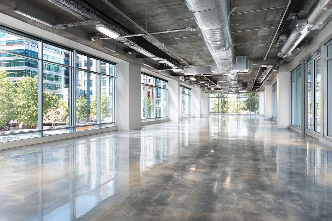 Spacious empty industrial-style office with polished concrete floors, large windows, and exposed ceiling ducts.
