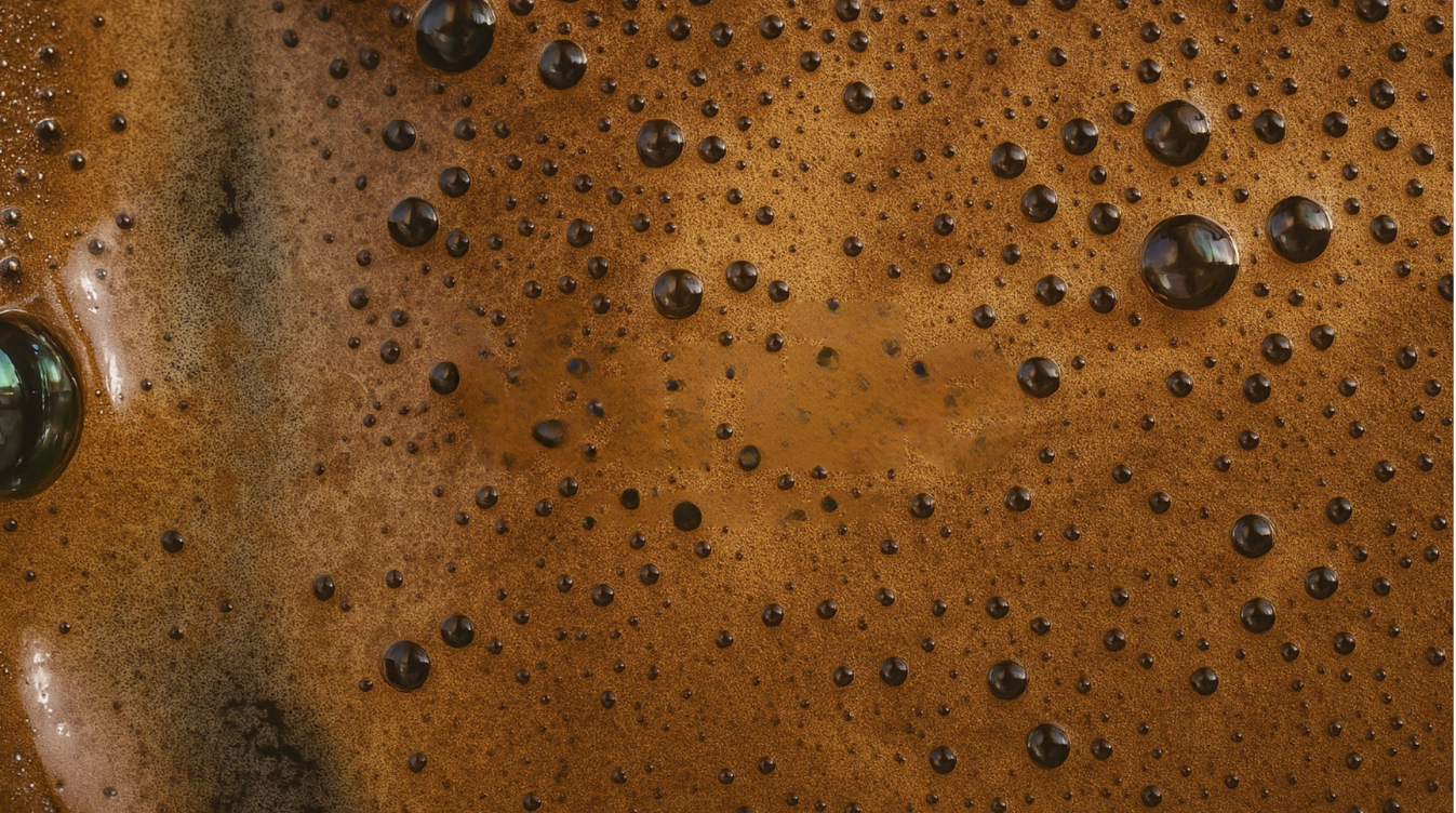 Close-up view of dark coffee with foam and bubbles on the surface.