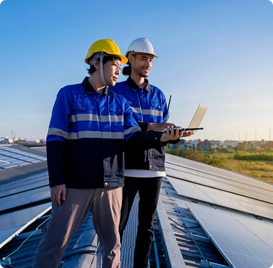 Two engineers installing solar panels on a roof. 