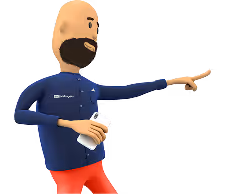 3D cartoon character pointing to the side with a blue shirt