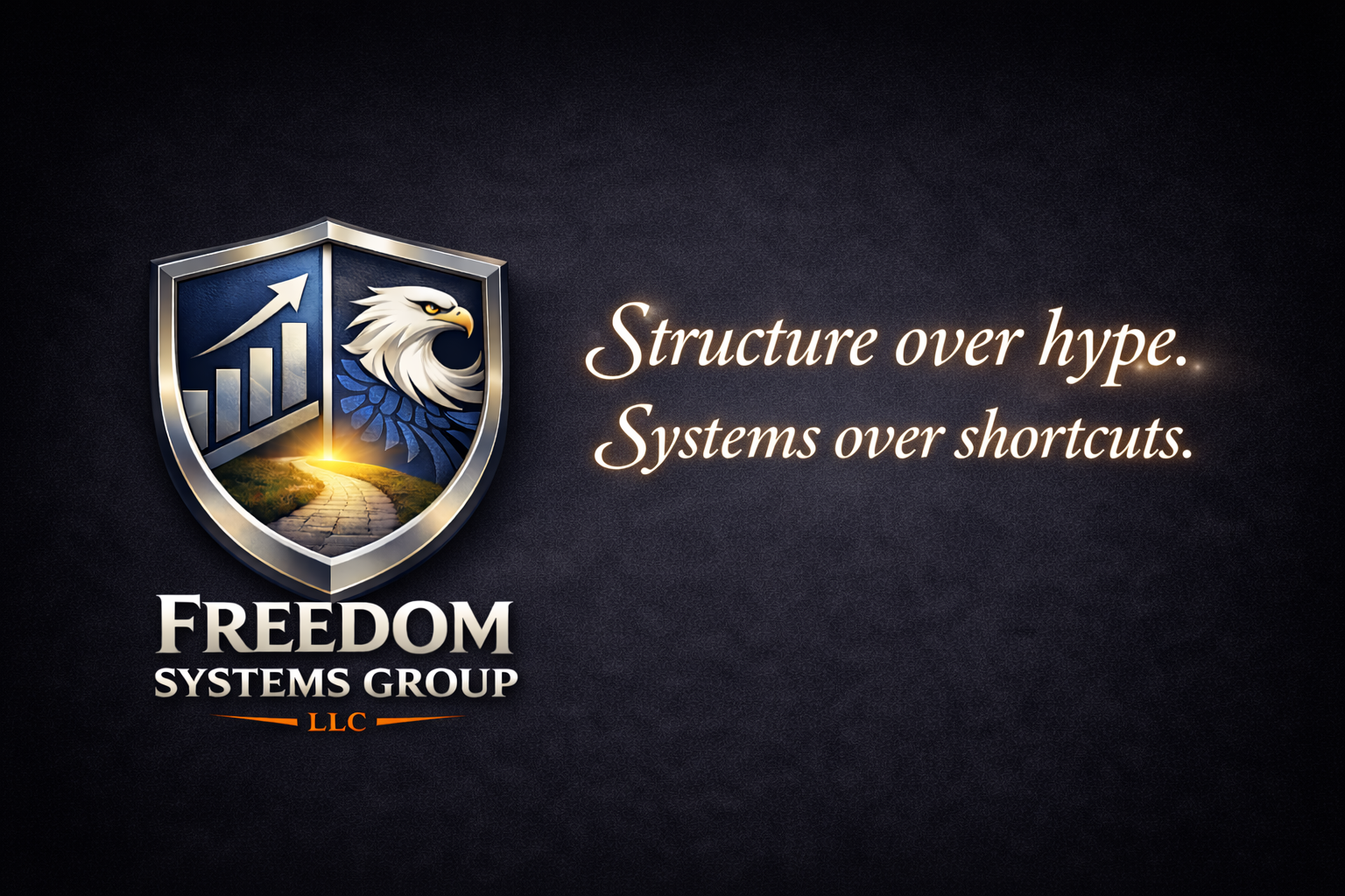 Freedom Systems Group LLC logo with shield, eagle, and growth path symbolizing structured business growth