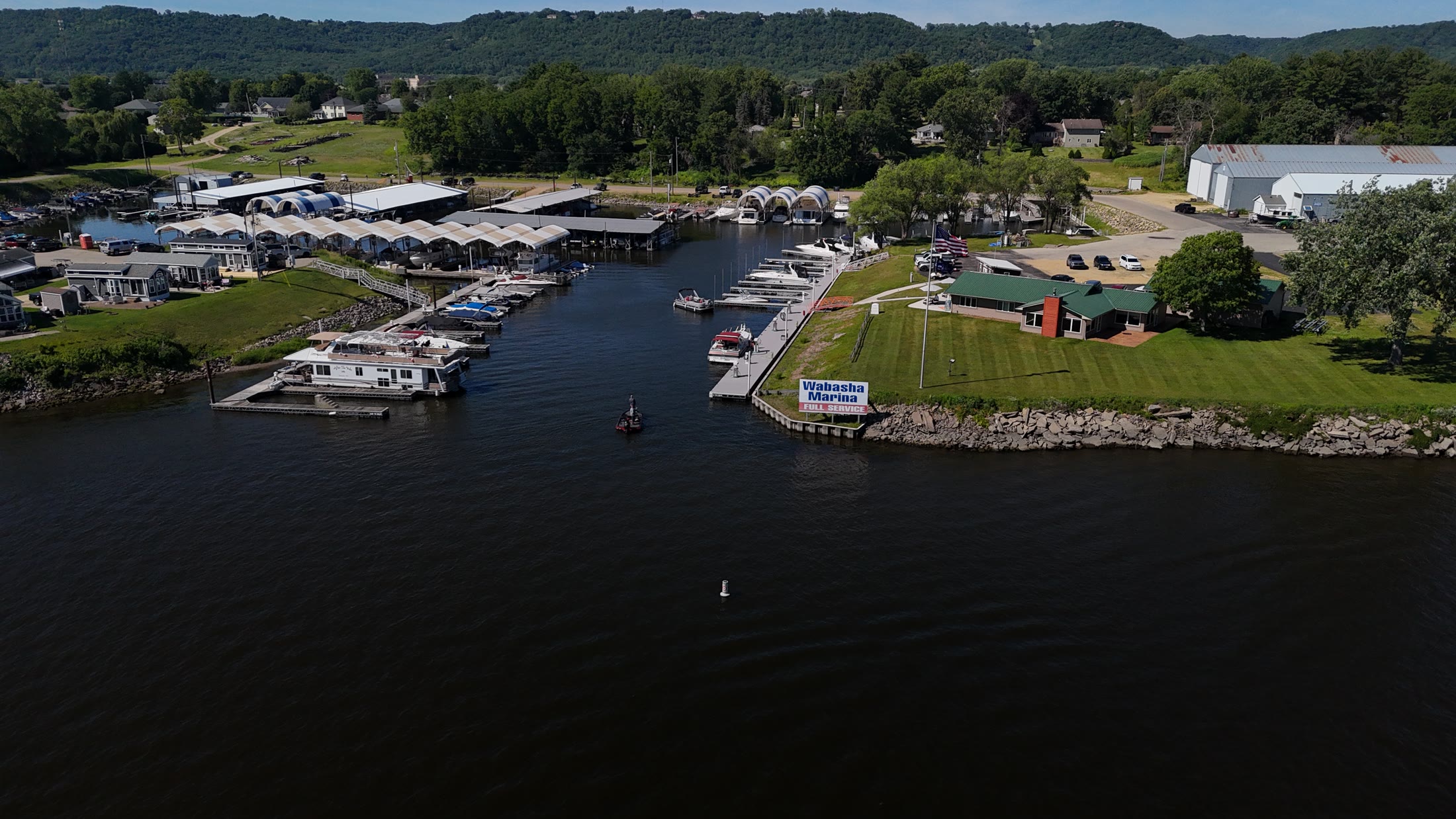 Aerial view of Wabasha Marina and Boatyard on the Mississippi River
