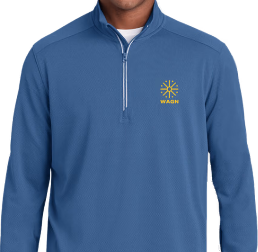 Blue Pabrai Wagons ETF quarter zip sweatshirt with the gold WAGN logo on the chest