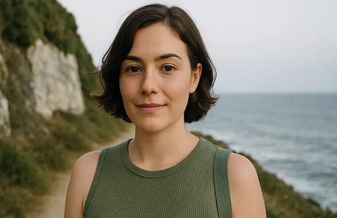 Young woman with short brown hair wearing a green tank top, standing outdoors by a cliff and ocean.