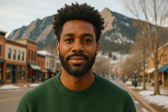 Portrait of a smiling man with beard in a green sweater standing on a street with mountains in background.