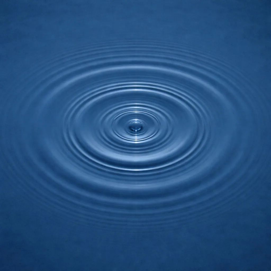 Concentric ripples spreading outward from a small water droplet in blue water.