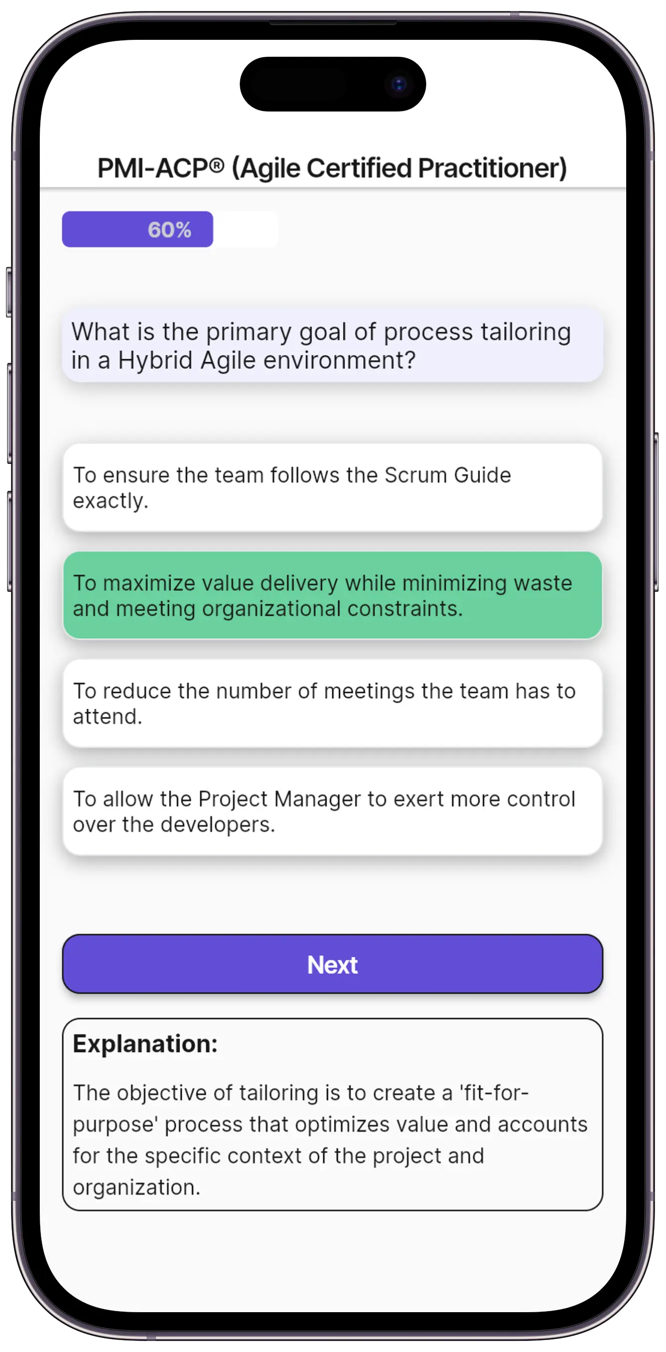 Practice question with instant feedback and explanation in PM Drills app
