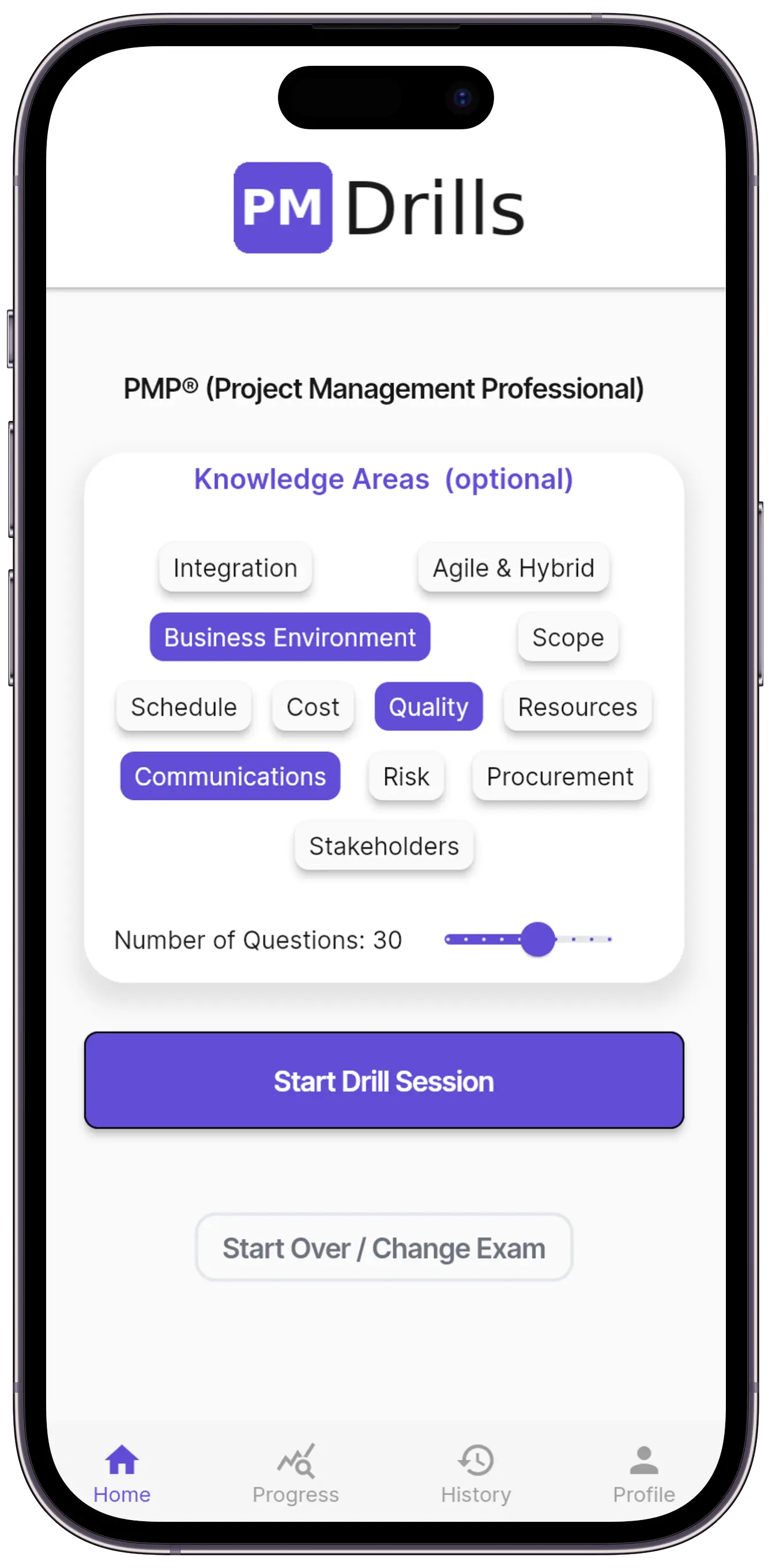 PM Drills app showing Topic Selector for Drill Session
