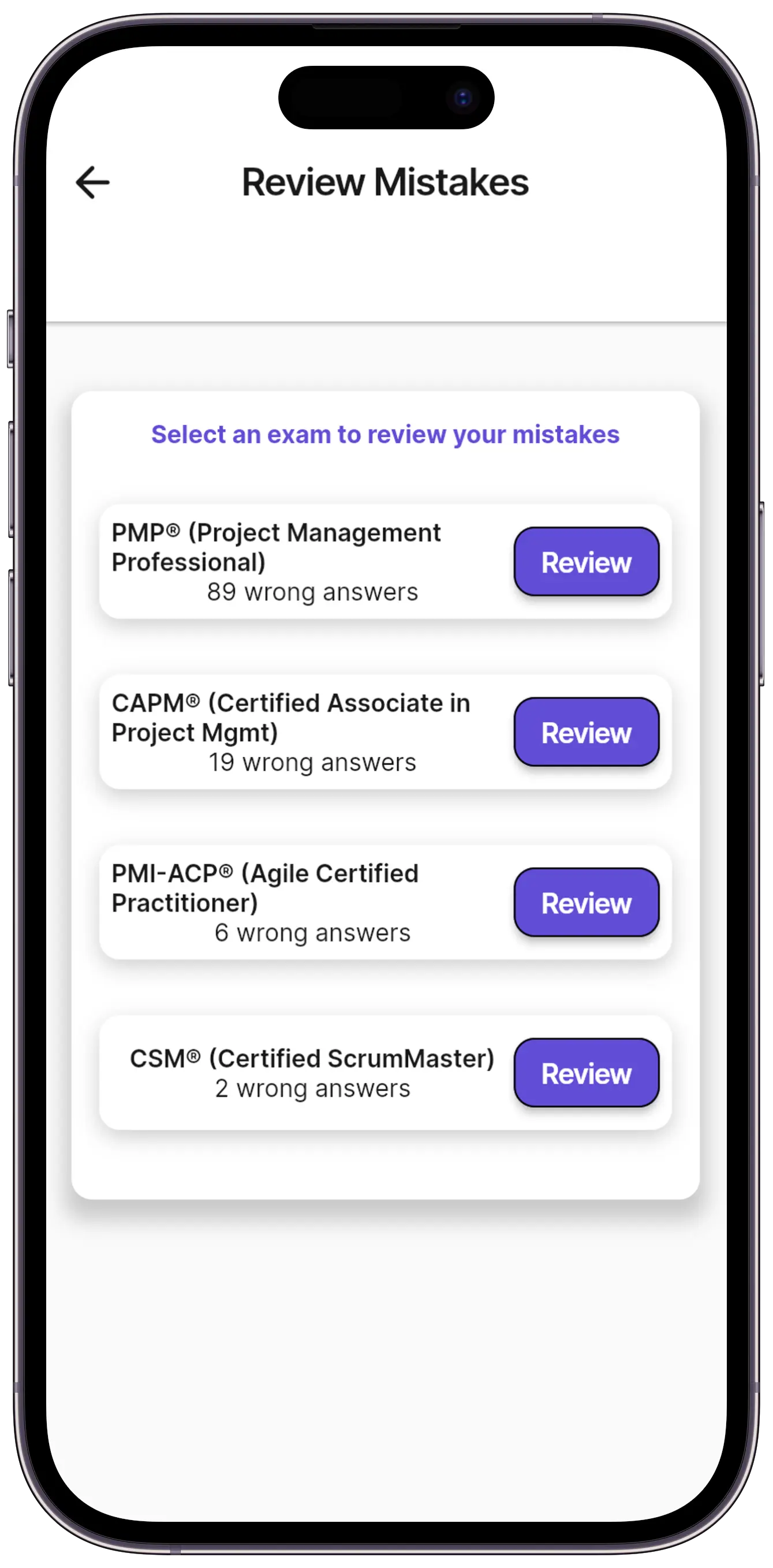 Review missed questions feature showing detailed explanations