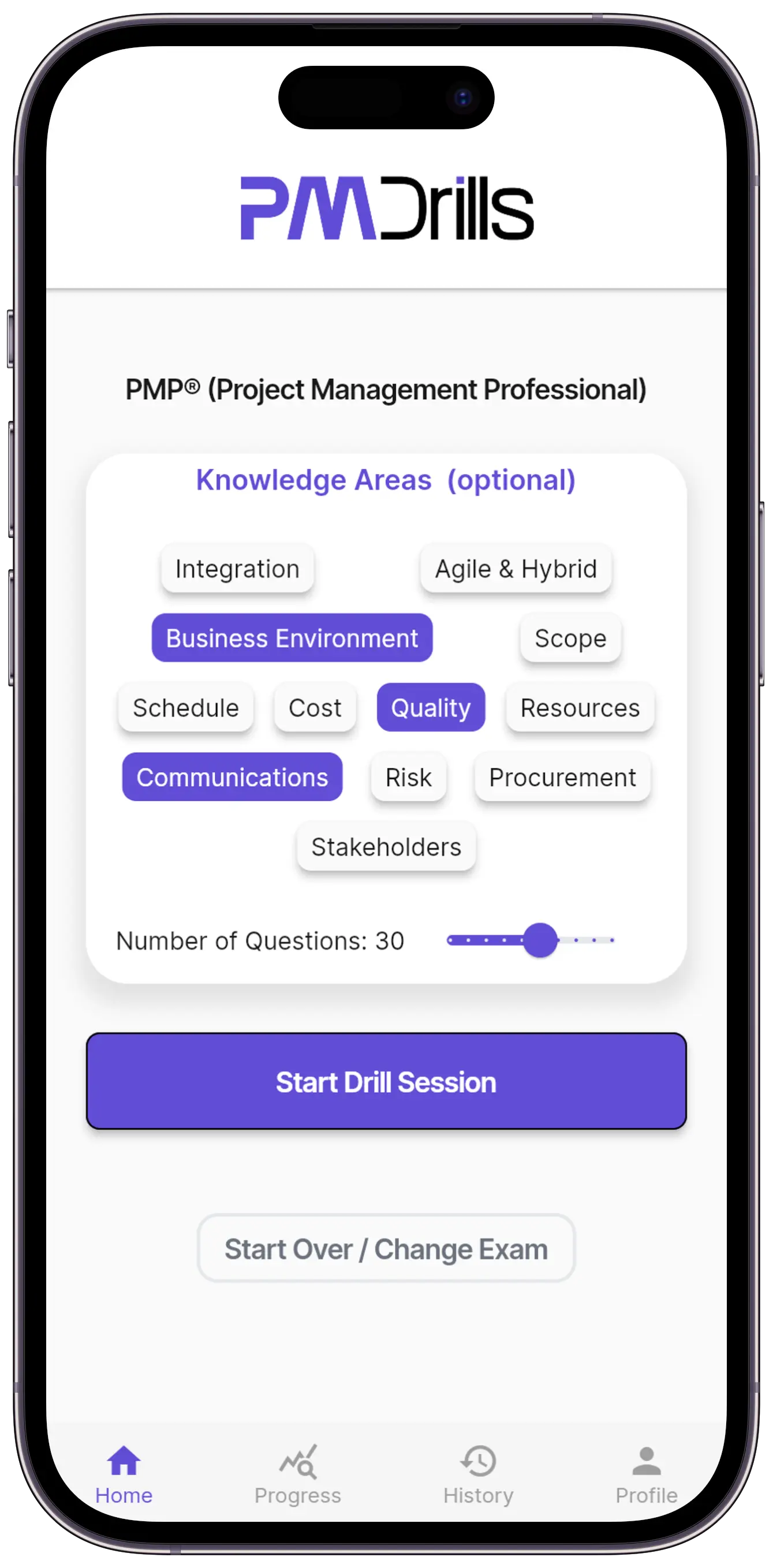 PM Drills app showing Topic Selector for Drill Session