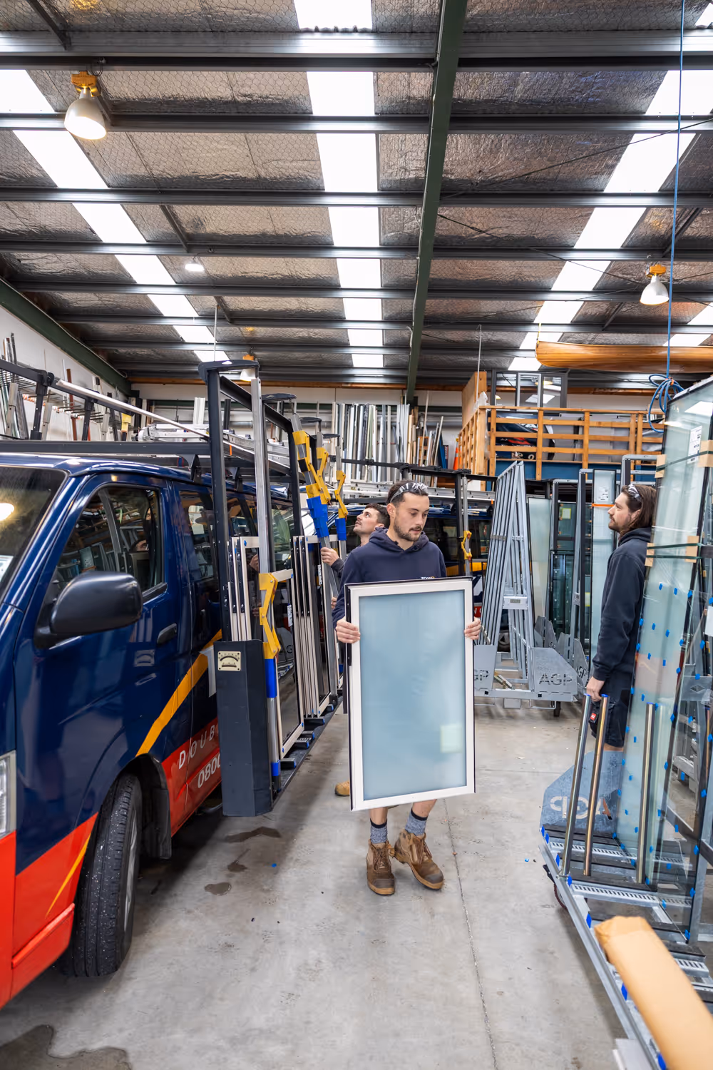 Three workers handling large glass panels inside a warehouse with a parked blue and red van.