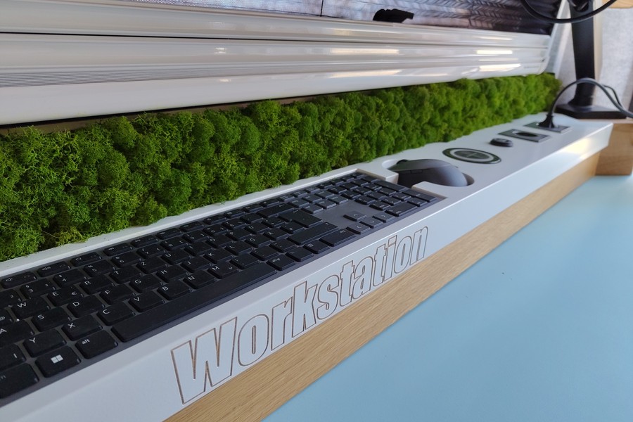a close up of the peripherals and the decorative plant strip at the workspace in the back of the van