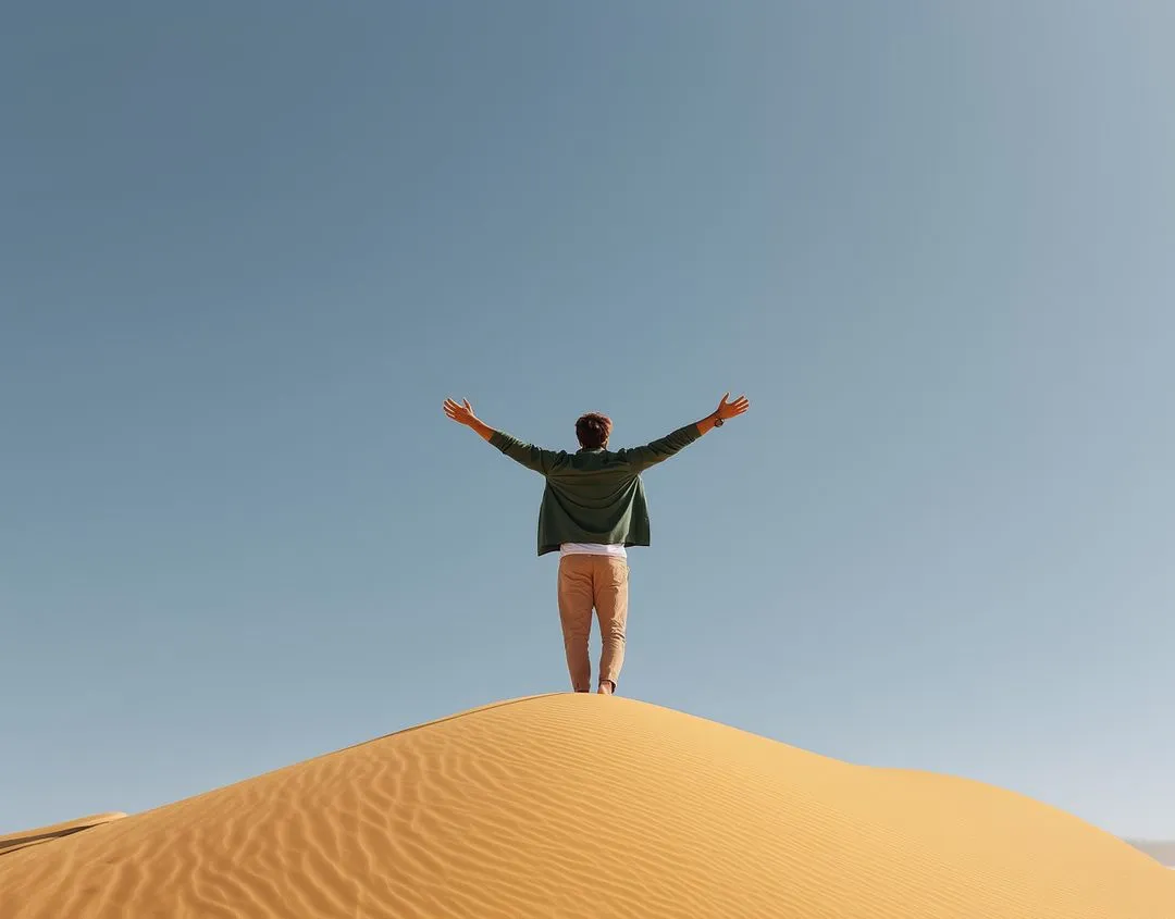 Person standing on sand dune with arms raised under clear blue sky.