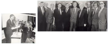 Two black and white photos showing the original Future Water Association team