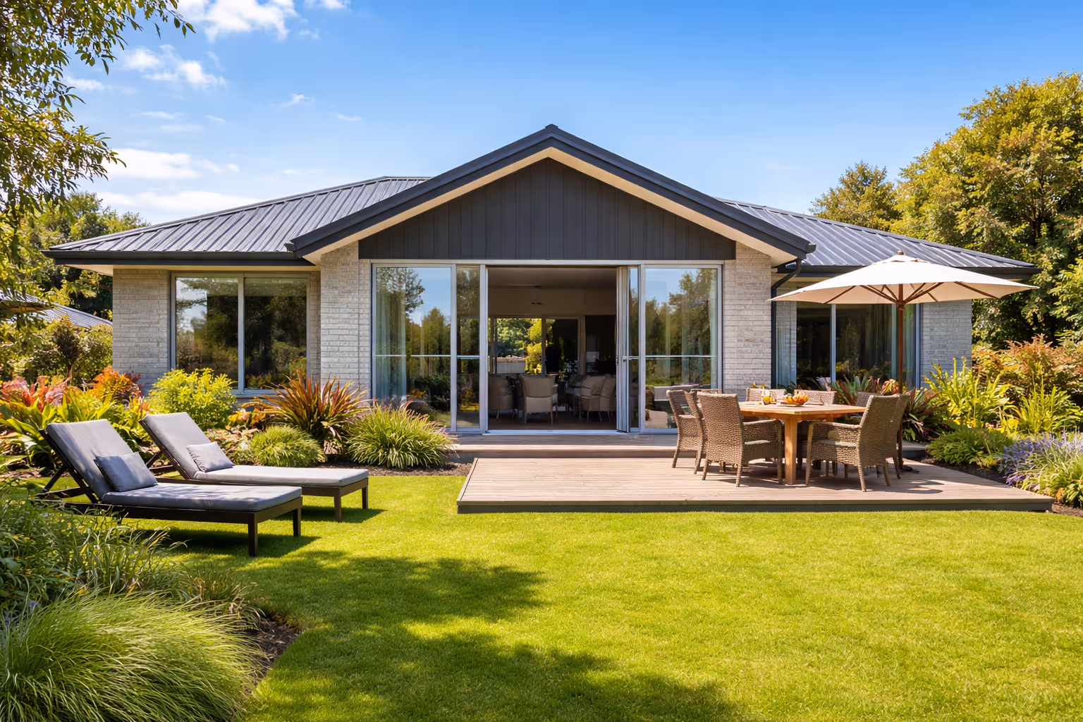 Backyard of New Zealand home in summer. 