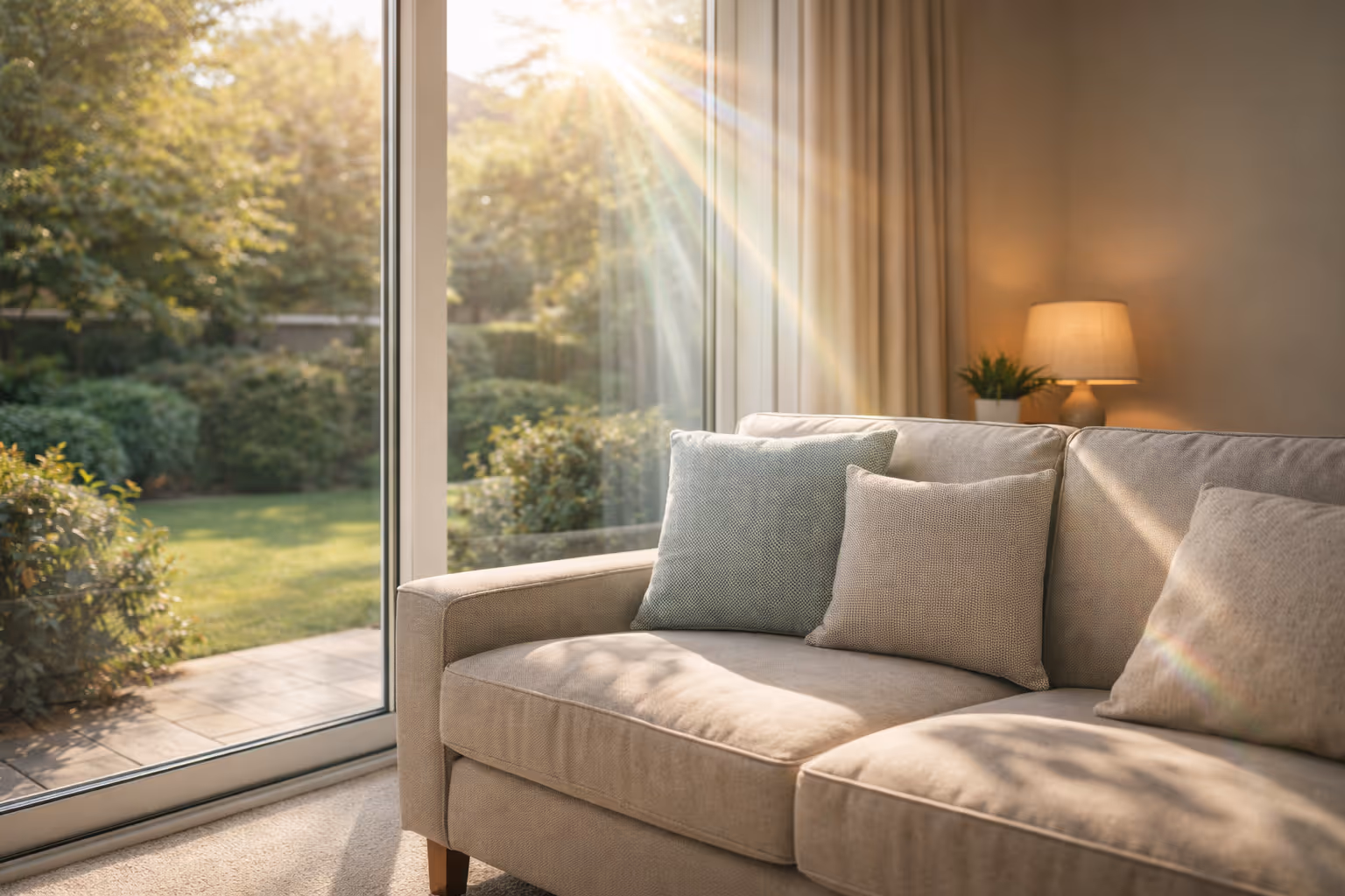 Couch sitting next to a full-length window with sun shining in. 
