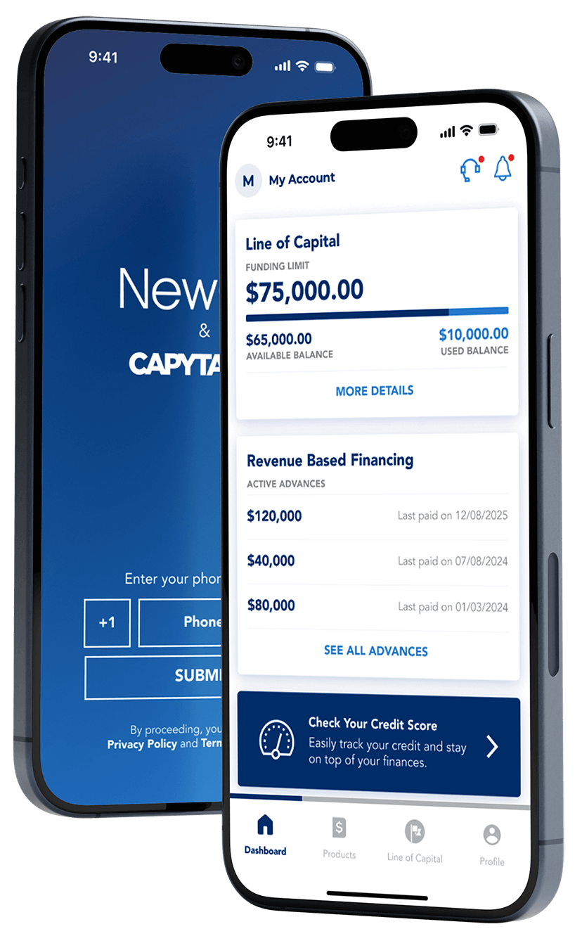 Two iphones showing the NewCo Mobile App's dashboard and splash screen.
