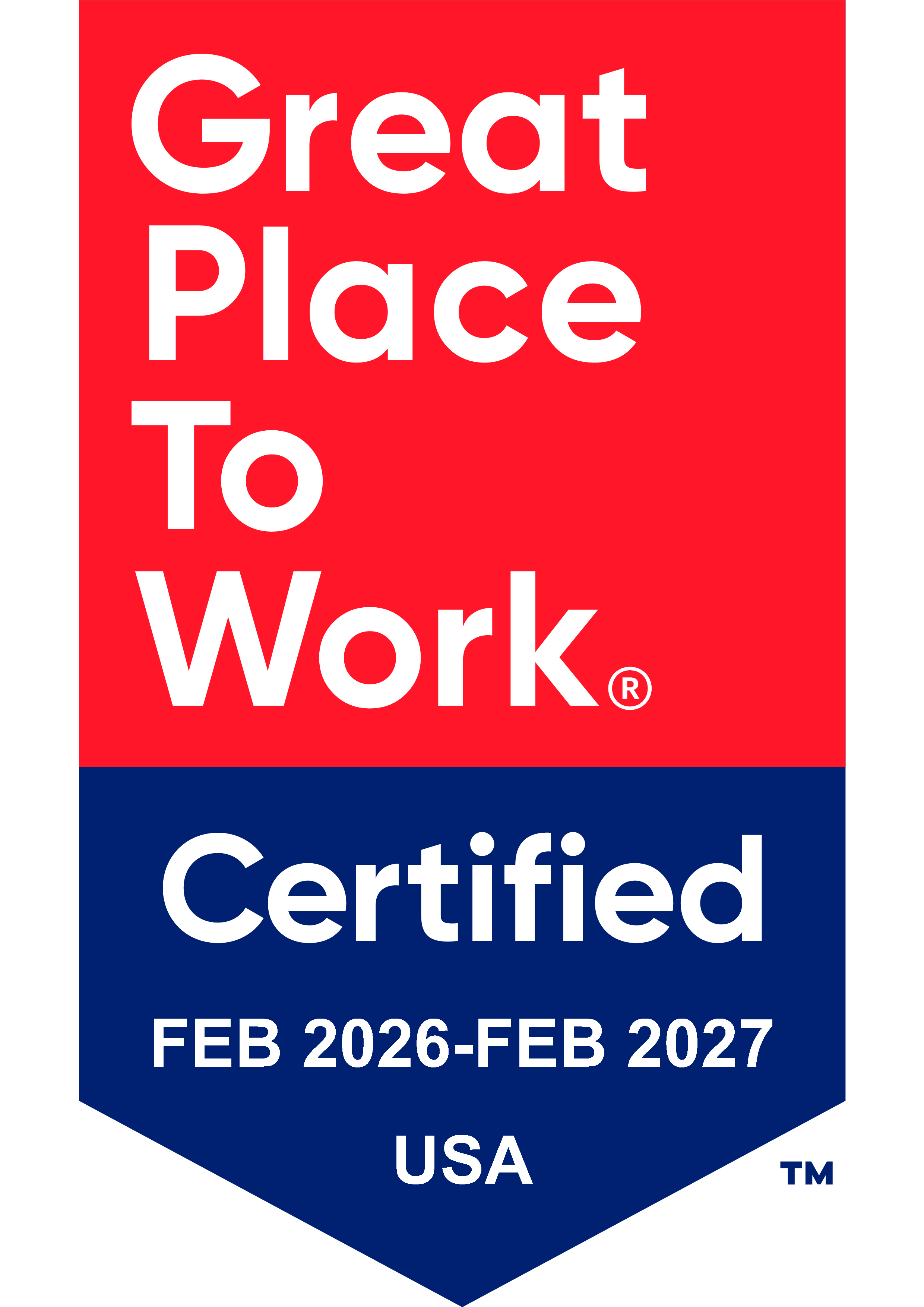 Great Place to Work Certified Badge - Feb 2026 to Feb 2027, USA.