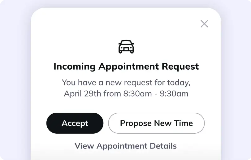 Provider app pop-up notification for a new appointment.