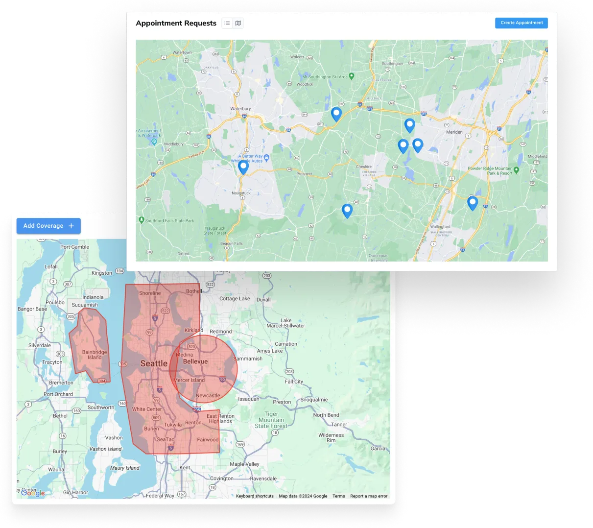 A map with a custom service area drawn on it and another map with various map pins.