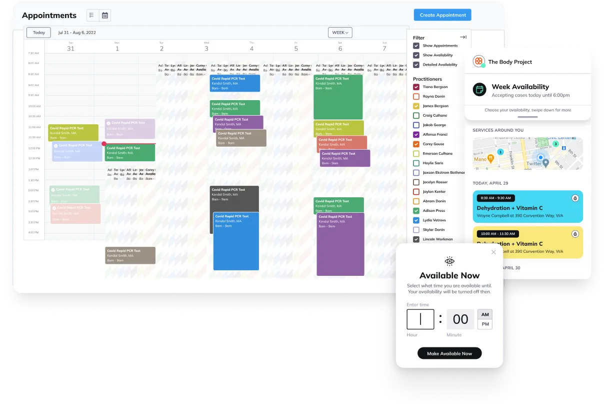 A desktop view of a week schedule within the admin view with supporting mobile app screens.