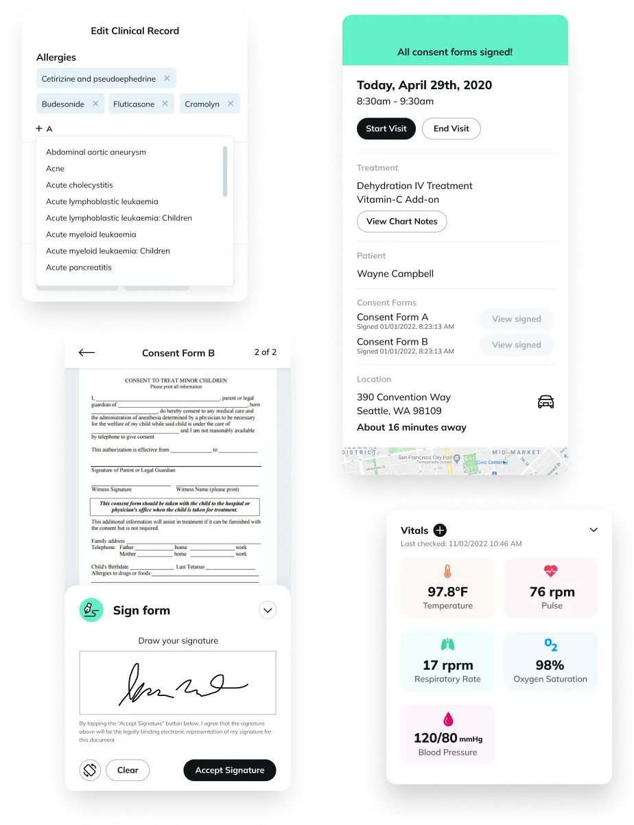 Various mobile app screens for adding information to a patient's clinical record and for signing consent forms.