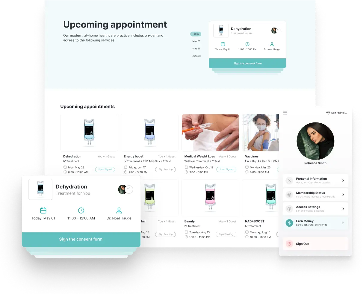 An appointment reminder page with respective mobile UI elements.