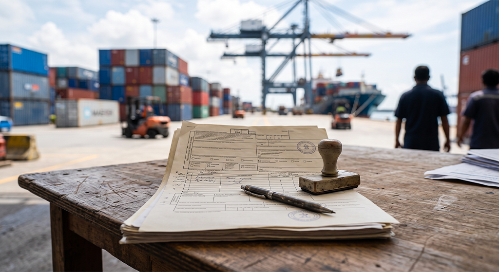 Document EXA sur une table dans un quai de chargement portuaire.