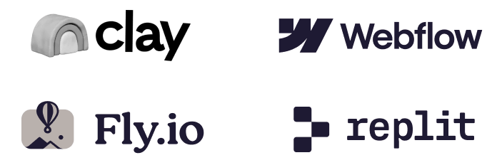 Webflow, Fly.io, replit, clay logo