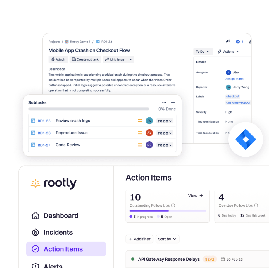 Track tasks seamlessly with bi-directional syncing across Rootly and Jira.