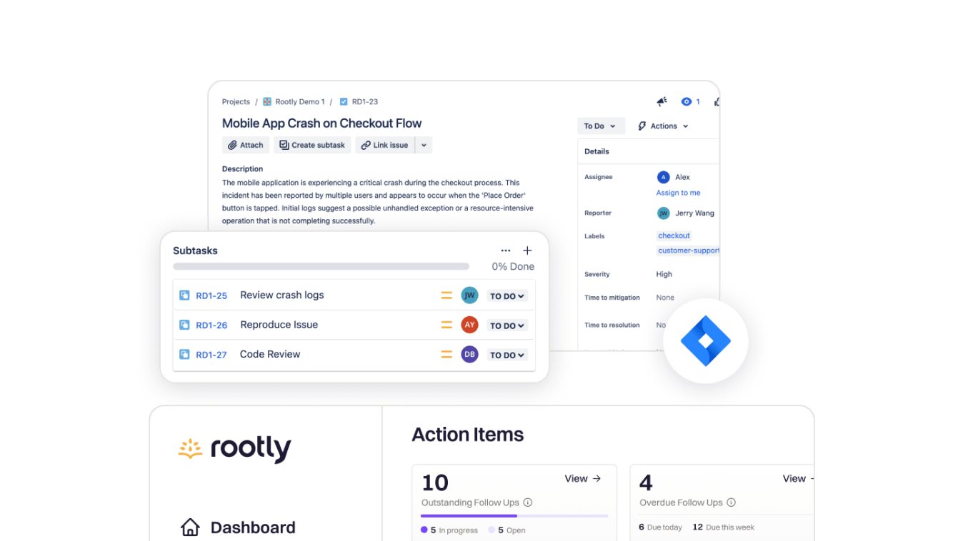 Track tasks seamlessly with bi-directional syncing across Rootly and Jira.