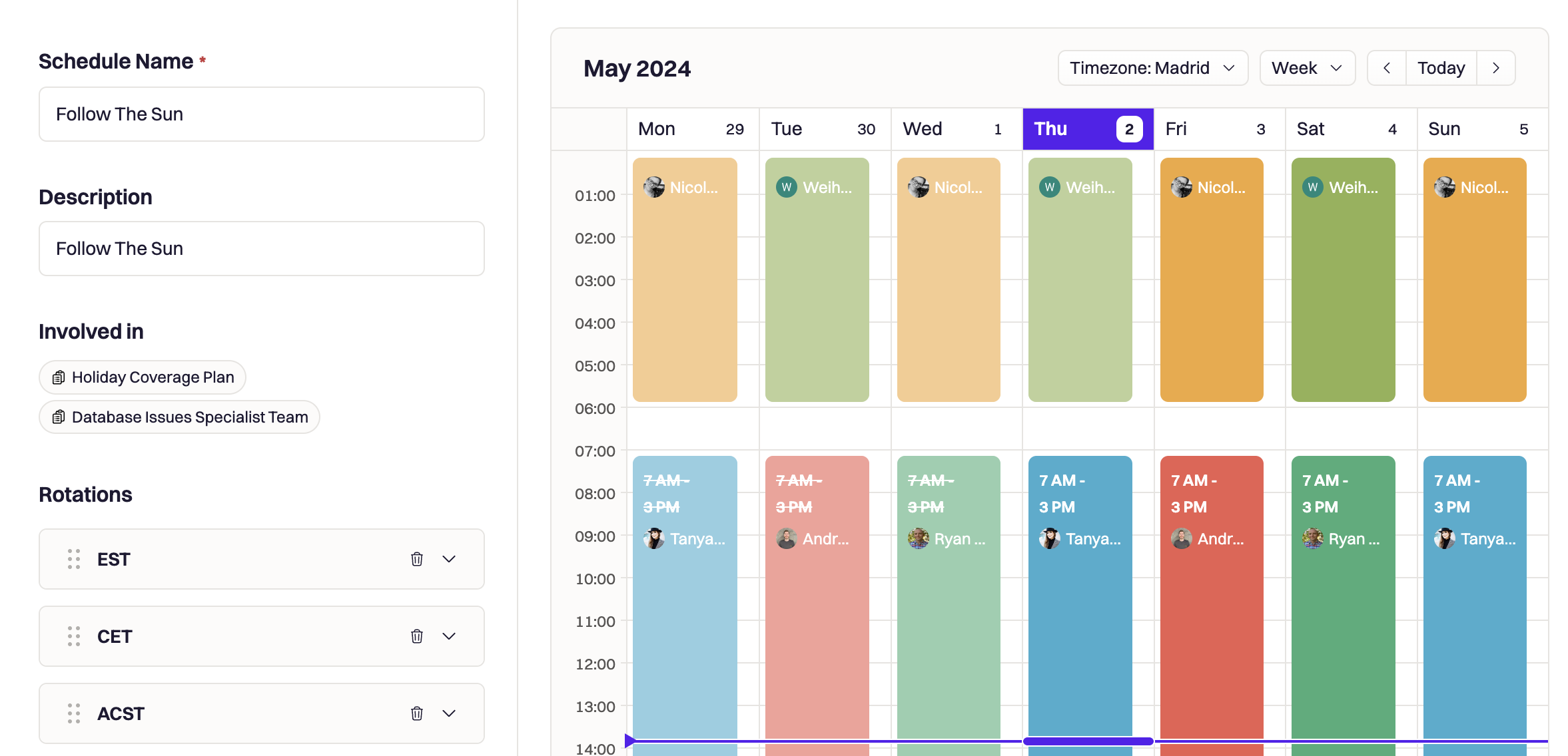 Example of a follow-the-sun schedule