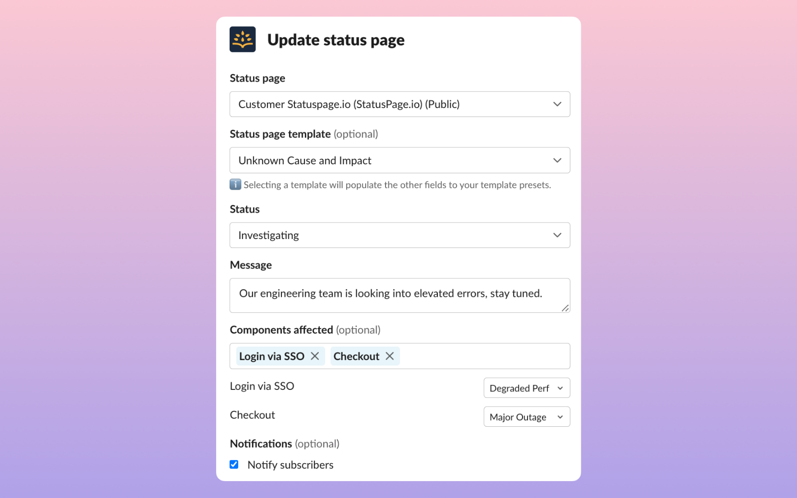 Statuspage.io Integration - Component & Template Support