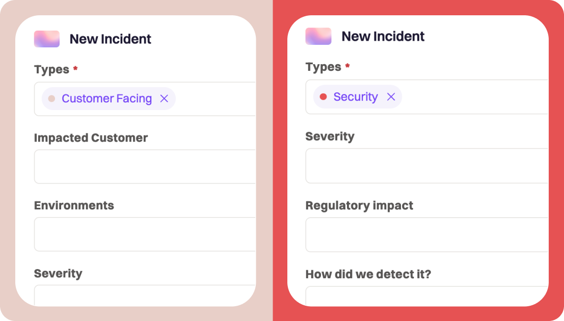 Left side: Screenshot of a form with fields related to customer facing incidents. Right side: form with inputs related to security incidents.