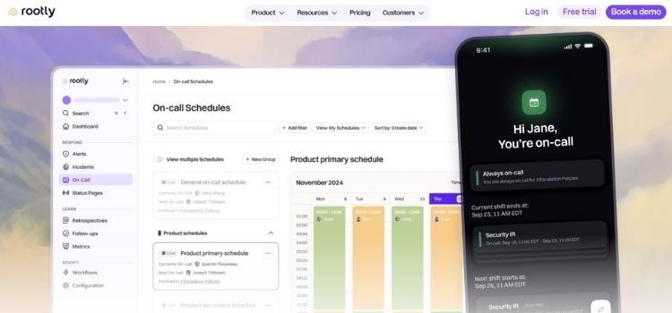 Rootly dashboard and mobile alert screen showing on-call schedules