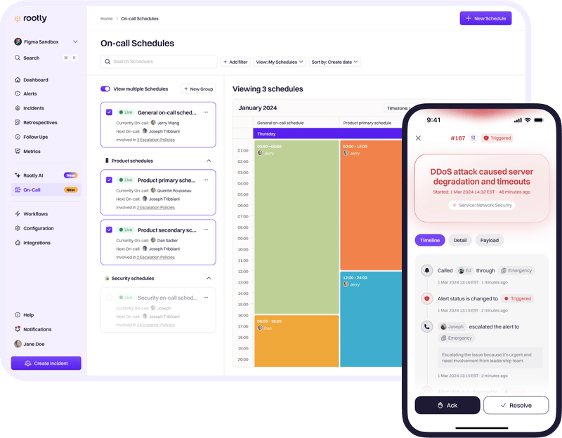 Rootly incident management dashboard and mobile app