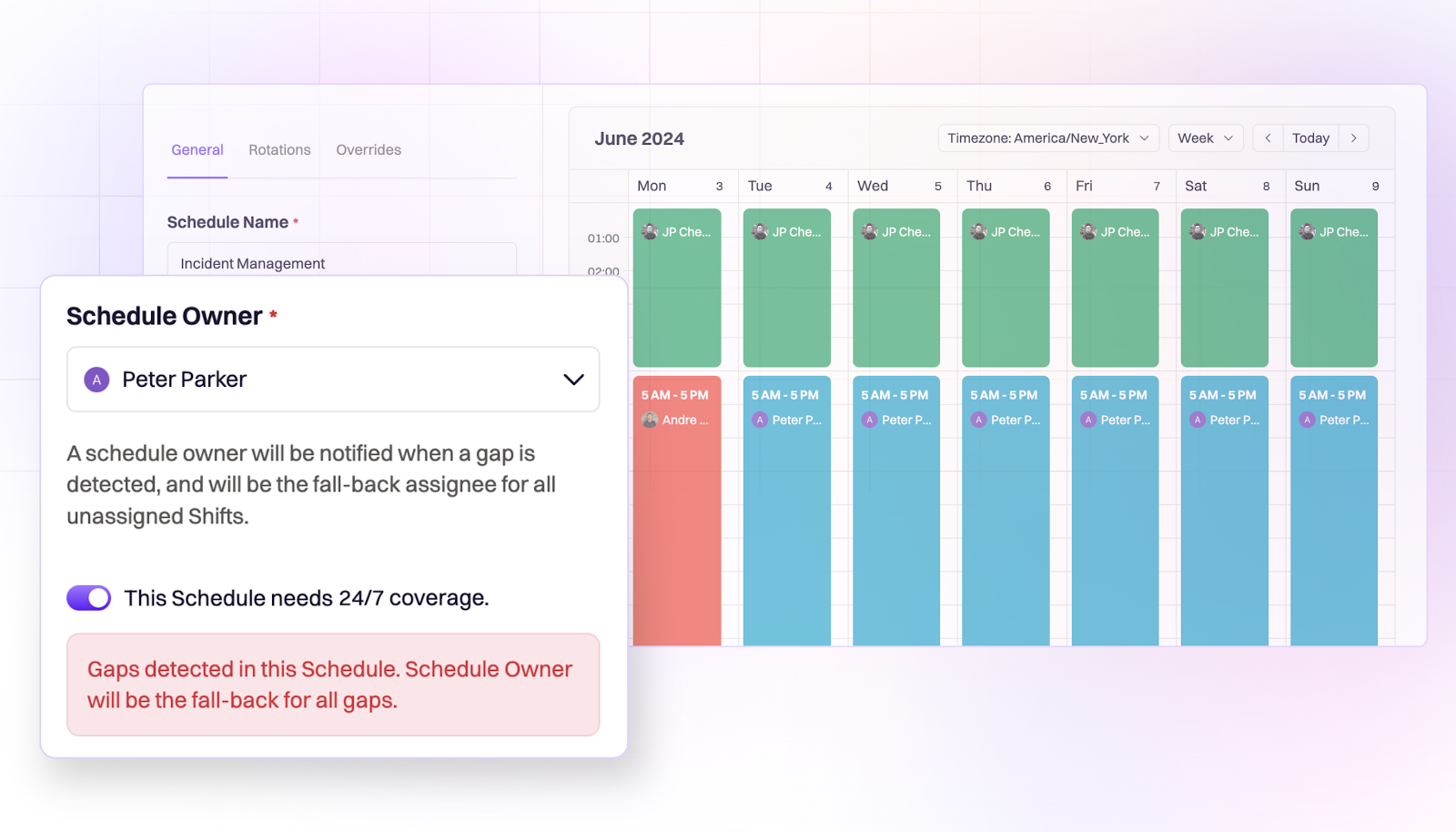 Screenshots depicting how the gap detection feature works. A calendar is in the back, a prompt warning the presence of a gap in the schedules is on the front.